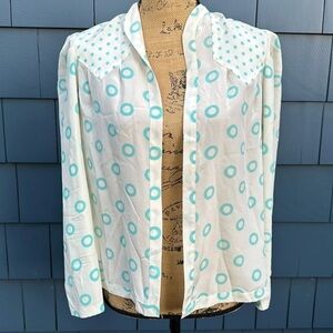 🩵🤍🩵Vintage Jean Kolpa white mint green 40 French silk Blouse top Shirt overlay